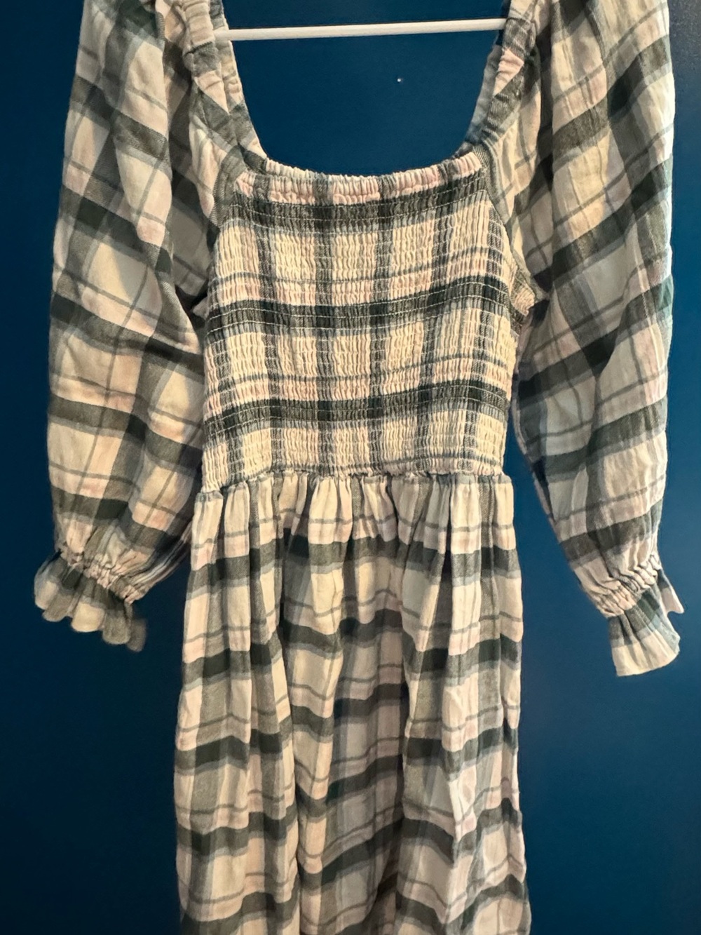 Madewell Plaid Smocked Dress in Cream and Green